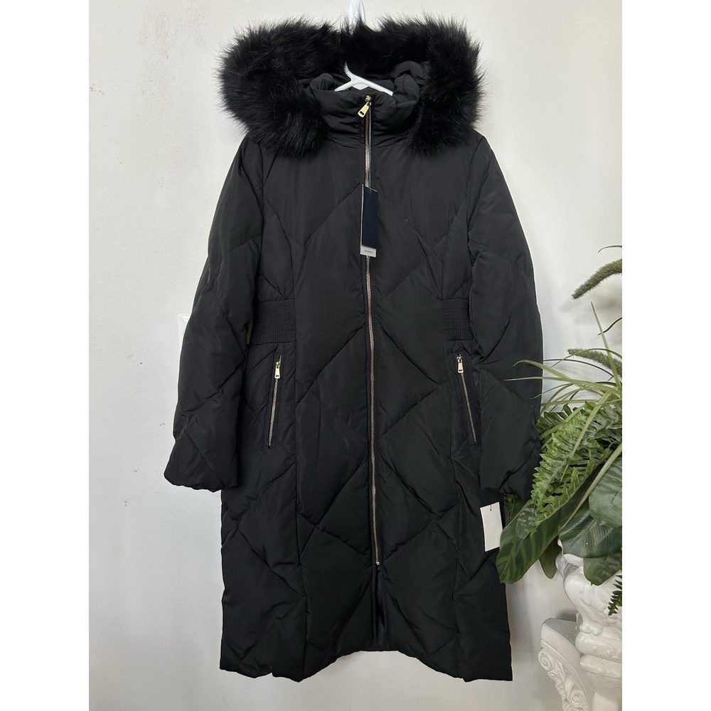 NWT Cole Haan Long Down Puffer Coat M Black Faux Fur Trim Hooded Winter Jacket